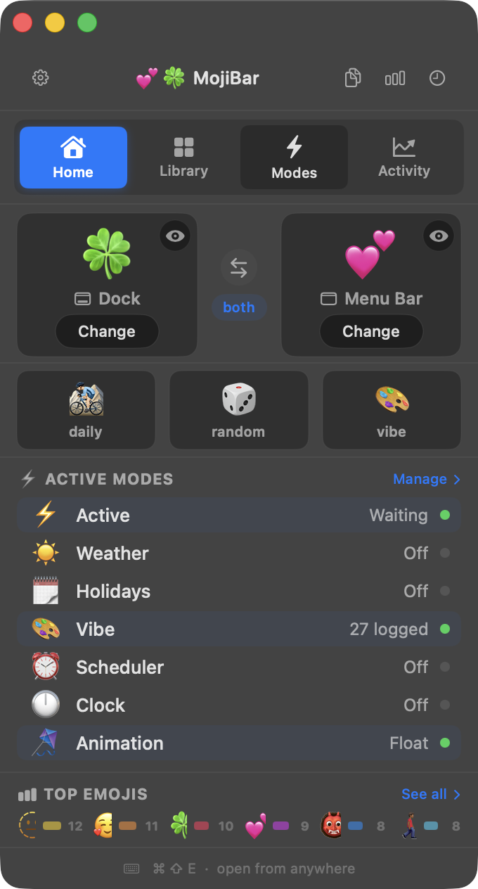 MojiBar app home tab displaying daily emoji